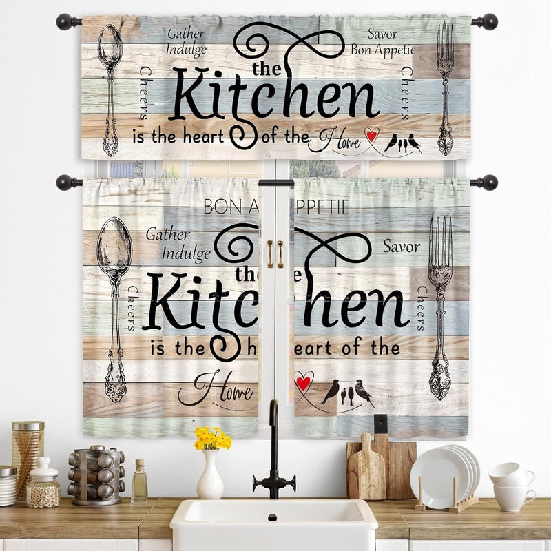 Riyidecor Teal Turquoise Kitchen Curtains and Valances 3 Piece Set Rod Pocket 36 Inch Short Rustic Wooden Board Country Fork and Spoon Retro Vintage Funny Quotes Bedroom Living Room Treatment Fabric - Image 1
